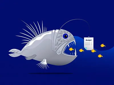 blog post illustration blog budget calculation cost dangers digital marketing fish fishing funny illustration marketing risk management risks vector