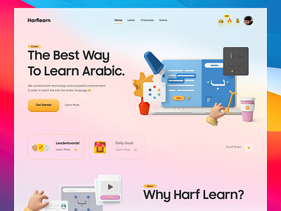 Harflearn - Header Exploration 3d 3d art alphabet app app design badge big sur blur clean clean ui cute game gamification hero header leaderboard learning app learning platform ui ux web ui