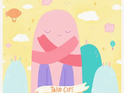Take Care character design digital illustration dream giant hot air balloon illustration imagination kind monster magic meditate meditation mindfulness monster mountains peace peaceful self care serenity weird zeppelin
