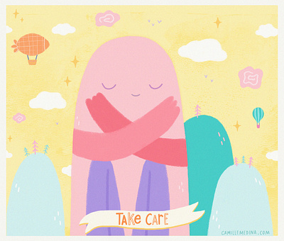 Take Care character design digital illustration dream giant hot air balloon illustration imagination kind monster magic meditate meditation mindfulness monster mountains peace peaceful self care serenity weird zeppelin