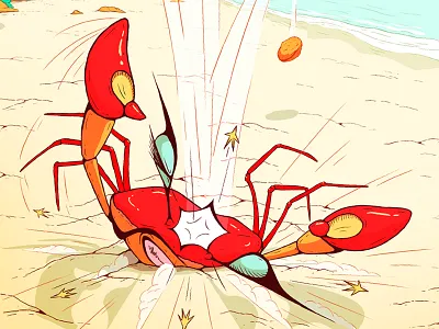 Crab action animals beach colours comic crab digital painting drawing illustration linework red