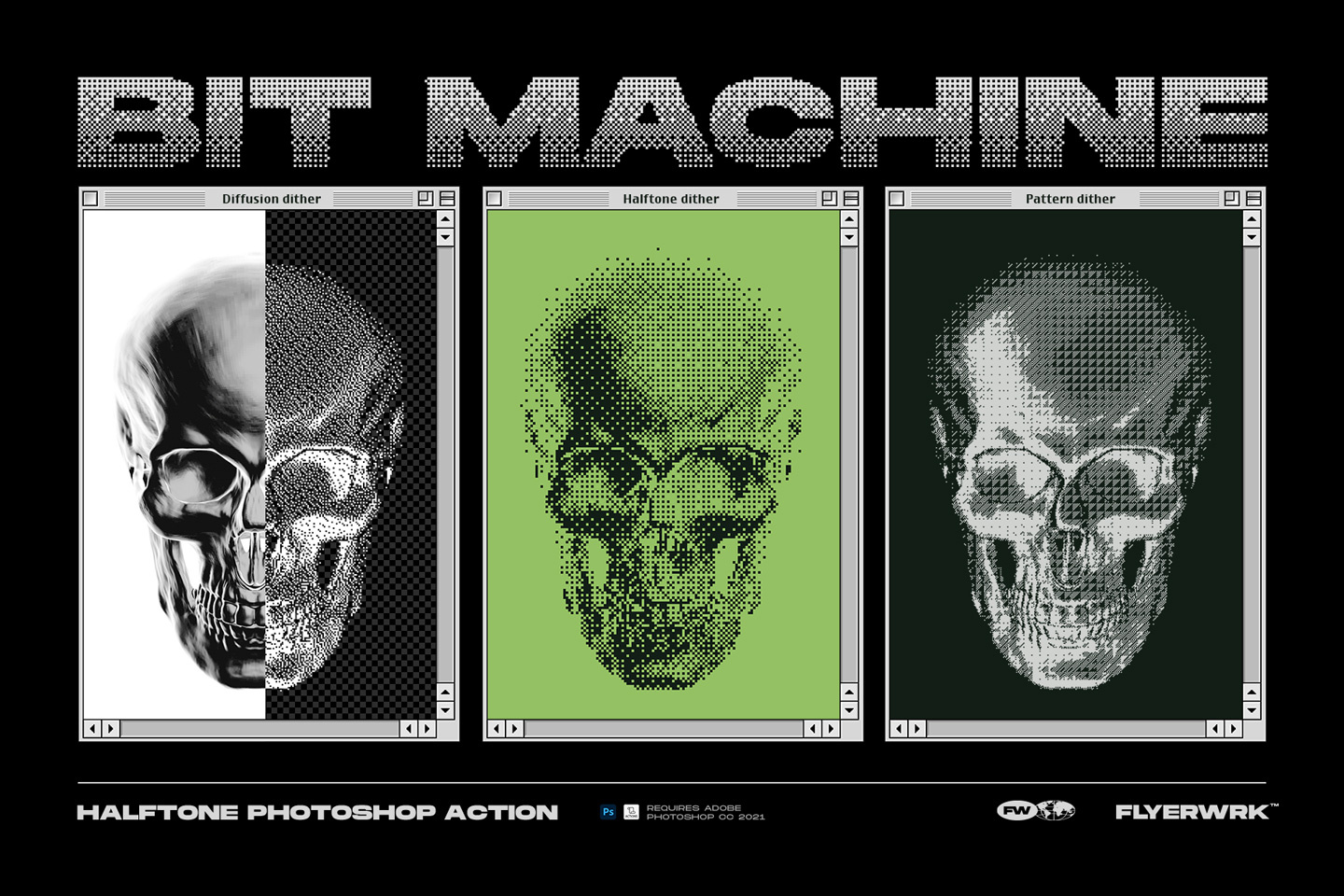 Bitmap halftone photoshop action 80s 8bit 90s action arcade bitmap cross diffusion dither effect halftone image machine pattern phone photoshop pixel retro screen y2k