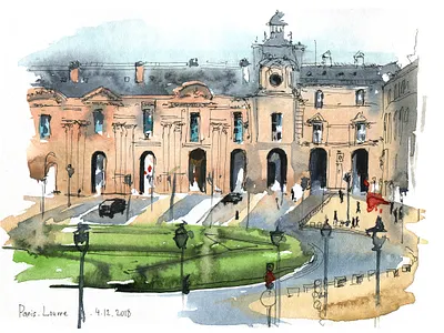 Louvre building aquarelle art illustration nature sketch travel urban art urban sketching watercolor watercolour