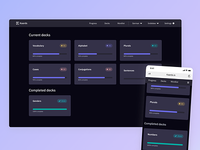 Language app - flashcard decks card design dark mode dashboard figma flashcards language app language learning mobile and web purple responsive web stats stats dashboard ui design ui ux vocabulary web app website