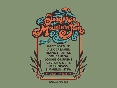 Ouaquaga Mountain Jam bluegrass branding cattails concert poster country festival flyer green illustration illustrator jam logo mountain music poster river rustic vector
