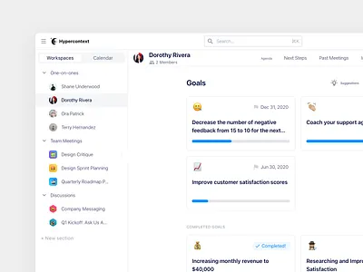 Hypercontext Goals 1:1 agenda card design goal tracking goals key metrics meetings milestones modals okr one on one product design professional development progress tracking ui ux web app