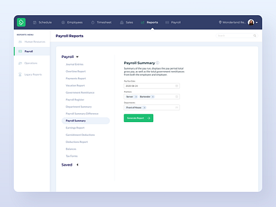 Report Generator UI design employee payroll schedule time clock ui