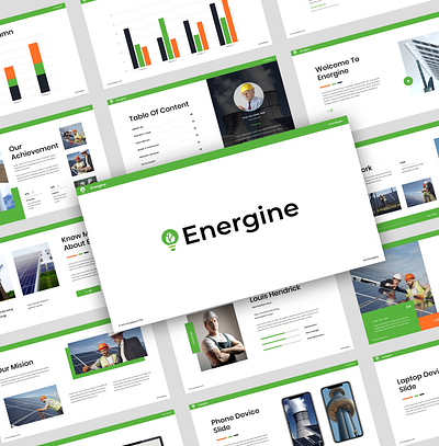 Energine - Solar & Renewable Energy Presentation Template business eco ecological ecology electric electrical electricity energy generator green industry innovation light panel photovoltaic pitch deck power renewable roof solar