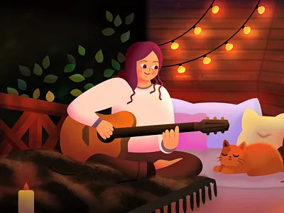 Cozy vibes bed bedroom cat chill cozy guitar music night room