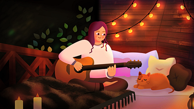 Cozy vibes bed bedroom cat chill cozy guitar music night room