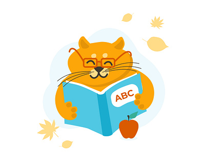 Lil fluffy red teacher reading a book. Back to school concept autumn back to school book cartoon cat fall glasses illustration kid illustration kitten learn professor school study teacher vector