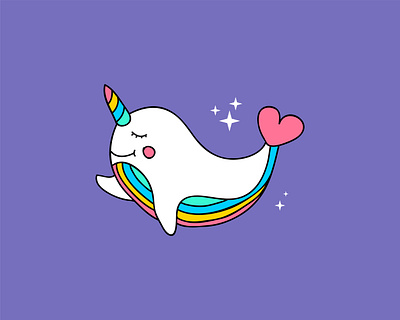 Magic unicorn whale or narval with rainbow horn. cute horn illustration illustrator kid magic narval rainbow stars unicorn vector whale