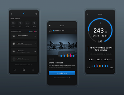 Indoor cycling app cycling dark dark app dark mode dark theme dark ui garmin strava sufferfest ui design uiux uiuxdesign wahoo workout workout app workout tracker zwift