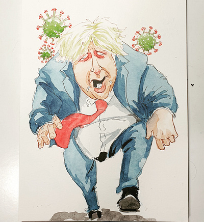 Boris Johnson and the Pandemic caricature illustration pen and ink political cartoon watercolor watercolour