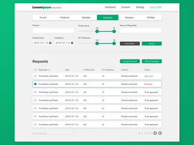 CMS UI - Requests backoffice calendar cms design filters green product retail software software design switch toggles ui ux