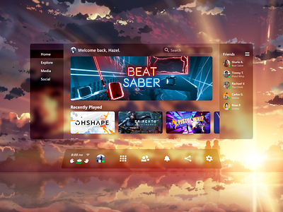 Oculus Quest Home UI (Glassmorphism Concept) adobe xd ar augmented reality concept experiment glass glassmorphism oculus oculus quest ui design virtual reality vr