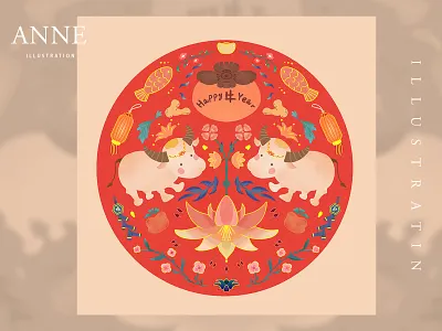 Happy New Year Design animal art china chinese food chinese new year cow cute decoration design fish flat flower flowers happy illustration newyear orange tomato vector yellow