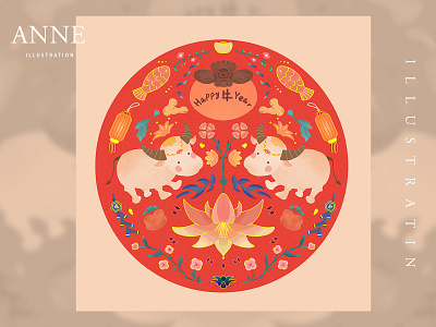 Happy New Year Design animal art china chinese food chinese new year cow cute decoration design fish flat flower flowers happy illustration newyear orange tomato vector yellow