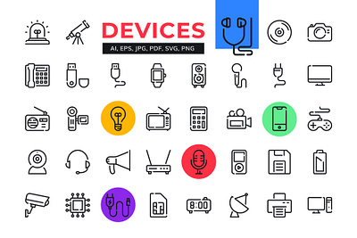 Device line icon set Premium$$ bunde calculator camera card desktop devices icon set electronics icons headphones line icons michigan microphone modem plug printer radio sim smarphone video