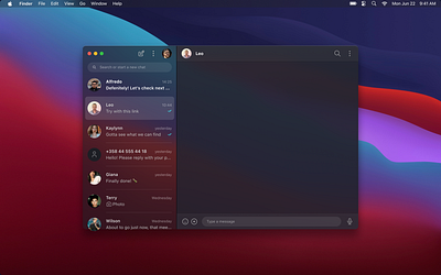 Direct messaging desktop app app big sur dark mode dark theme dark ui design macos messaging app ui ui design whatsapp