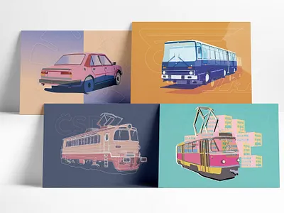 Eighties transportation bright color combinations illustration print transportation travel vector