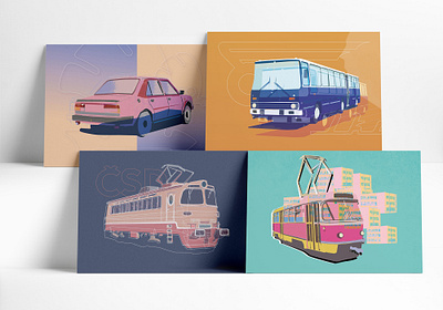 Eighties transportation bright color combinations illustration print transportation travel vector