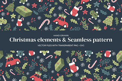 Christmas elements & seamless pattern background background candycane chrismas cute decoration doodle element gingerbread hand drawn happy new year happy new year 2021 illustration merry christmas merry xmas ornament santa claus seamless seamlesspattern wallpaper xmas