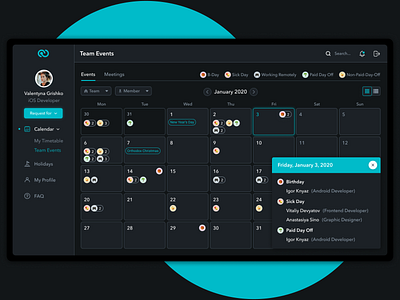 CCS - Calendar (Dark mode) calendar clean ui crm dark mode dark theme desktop app hrm hrm system ui design web app