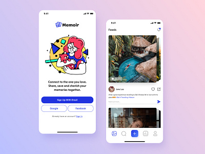 Memoir - Social Media App #WeeklyUIChallenge1 app design design figma ios app mobile app mobile app design mobile ui social media app ui ui design uidesign uidesignchallenge uiuxdesign ux design