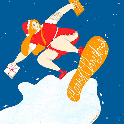 Merry Christmas 2020 christmas christmas card christmas flyer digital art digital illustration drawing girl holiday card holidays illustration merry xmas presents procreate santa santa claus snowboard woman xmas