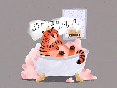 Purrfect Evening 2d bath bathtub character characterdesign digitalart illustration oldradio procreate rain texture tiger