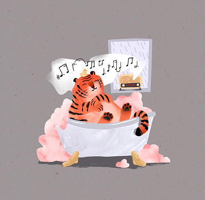 Purrfect Evening 2d bath bathtub character characterdesign digitalart illustration oldradio procreate rain texture tiger