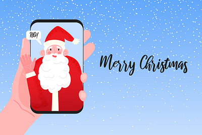 Video call from Santa chat christmas christmas card ear greeting greeting card happy holidays happy new year hat illustration merry christmas mobile red santa hat santaclaus smartphone snow videocall winter