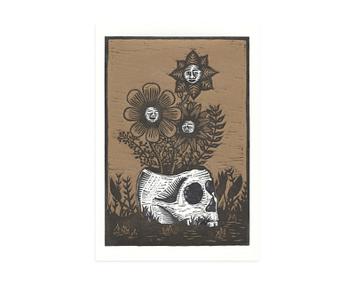 Skull VAse flowers letterpress linocut linolium print printmaking relief print skull woodcut