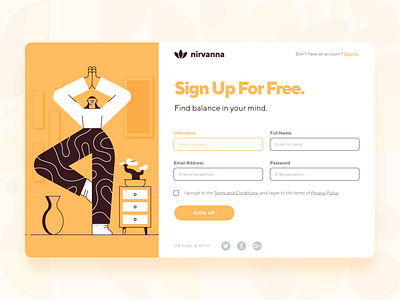 Meditation & Mindfulness Login Screen UI/UX 2d character clean exercise flat girl illustration landing page login login form meditation mind mindfulness orange relax ui ux web design website yoga