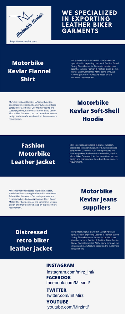 MIRZ INTL Leather Kevlar Biker Safety Garments biker garments denim jeans flannel kevlar shirts leather jackets