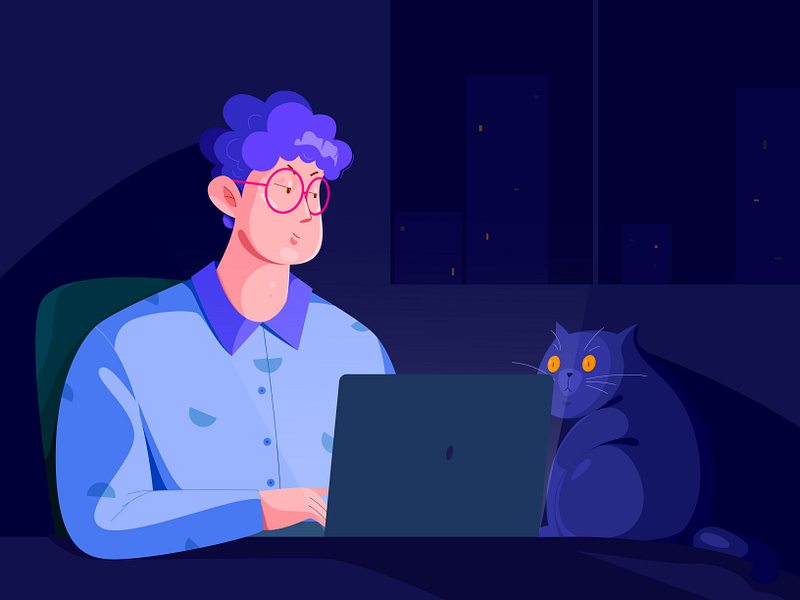 3 AM affinity designer blue boy business cat character computer dark flat illustration mac man night office overtime people pet uran vector work