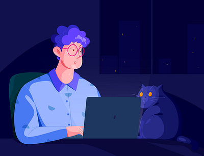 3 AM affinity designer blue boy business cat character computer dark flat illustration mac man night office overtime people pet uran vector work