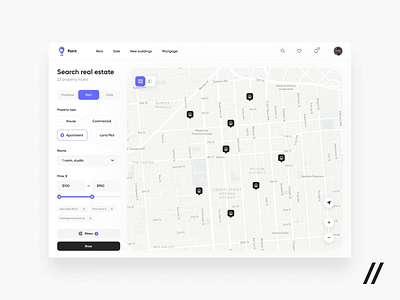 Real Estate App animation app design map mobile mvp online purrweb react native real estate rental app search startup ui ux web