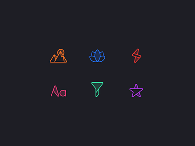 Icon Exploration colorful dark mode filter frame icon exploration iconography icons icons set iconset lightning lotus mountain star type