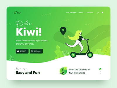 Kiwi | Landing Page Design for Rent Scooters bike branding clean design electric explore figma icons illustration illustrator journey logo map rent ride route sketch ui