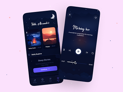 Application for sleeping, meditation & calm 😴 2020 trend app application calm dark dark app dark mode dark ui design flat illustraion ios ios app meditate meditation minimal mobile ui sleep sleeping ui