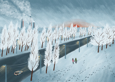 Winter view adobe photoshop art christmas city cold digital art digital illustration drawing evening illustration landscape new year people russia snow street sunset town walk winter