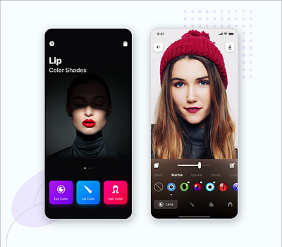 Makeup App android beauty clean dark theme editor eye color flat design hair color ios ios 14 iphone x lip color makeup minimal mobile app mockup newshot ui user interface ux