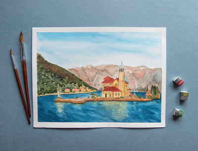 Montenegro watercolor architecture bay freehand drawing illustration nature picture sea water watercolor