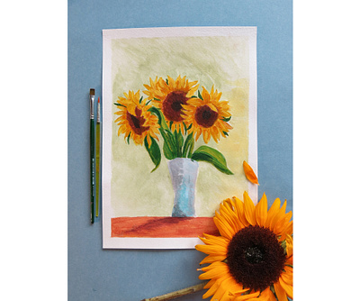 Bright sunflowers acrylic acrylic paint botany colour flower flowers illustration freehand drawing illustration nature picture pictures still life sun sunflowers sunny yellow