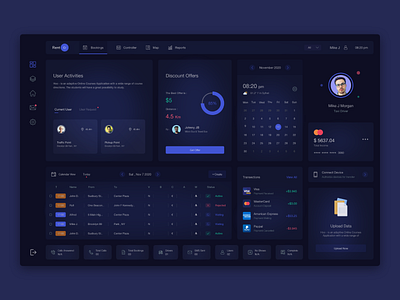 Transport Service Dashboard account calendar creditcard dark dark dashboard dark ui dashboard data visulization glass effect profile transaction transport