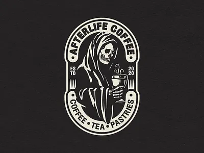 Afterlife Coffee badge badgelogo coffee death design graphic design grim reaper grimreaper hand drawn illustration logo negative space skeleton skull logo