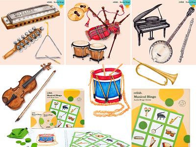 Watercolour illustrations of musical instruments bingo game activity board game dementia lifestyle mental health mental health awareness music musical instruments product design still life watercolour illustration wellbeing wellness