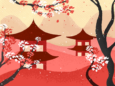 Japan landscape art cartoon flat graphicdesign house illustration japan landscape mountains ps sakura scenery texture tokyo trees trendy